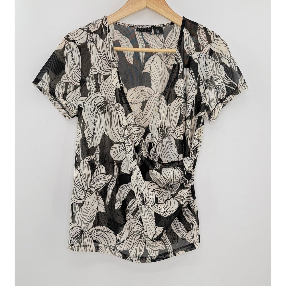 Tahari Floral Print‎ Mesh Top Black White Surplice Short Sleeve Blouse M Boho